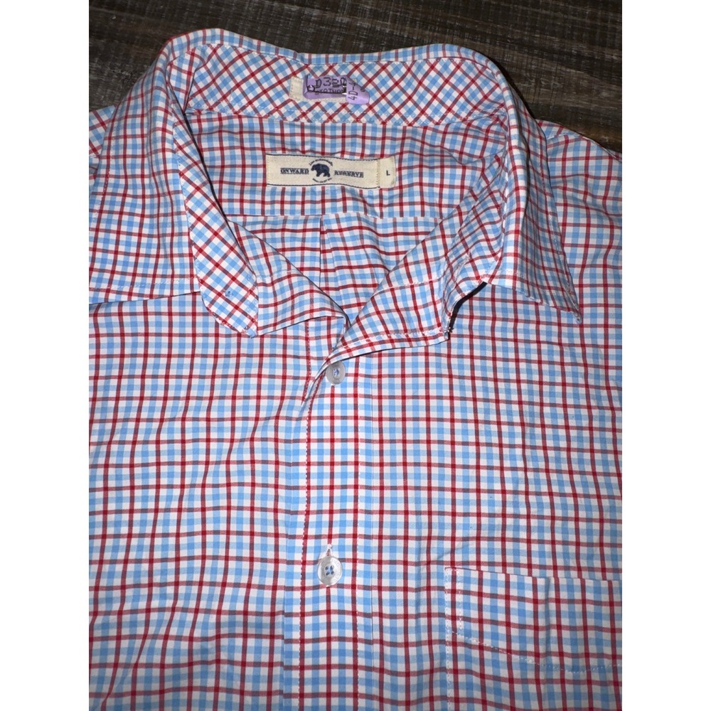 Onward Reserve Mens Large Red Blue Check Performance Stretch Button Down Shirt